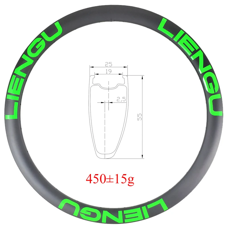 LIENGU Top 450g 700c 55mm Asymmetric Road Disc Carbon Rim Tubeless Clincher 25mm Wide 19mm Inner Gravel Wheel 20 24 28 32 36