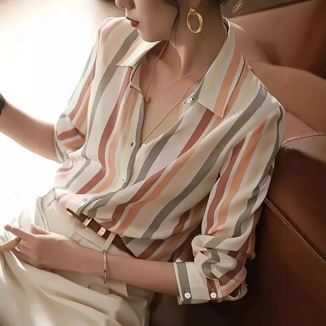 

Slimming Long Striped Shirt Women's Lapel Elegant Style Regular Sleeve Long Sleeve Non-Stretch Fabric Fashion Ladies Shirt