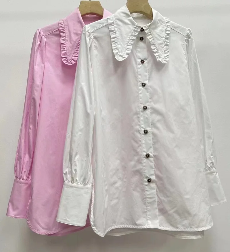 

High Quality New Cotton Shirts 2024 Spring Summer Fashion White Pink Shirts Ladies Turn-down Collar Casual Long Sleeve Shirts