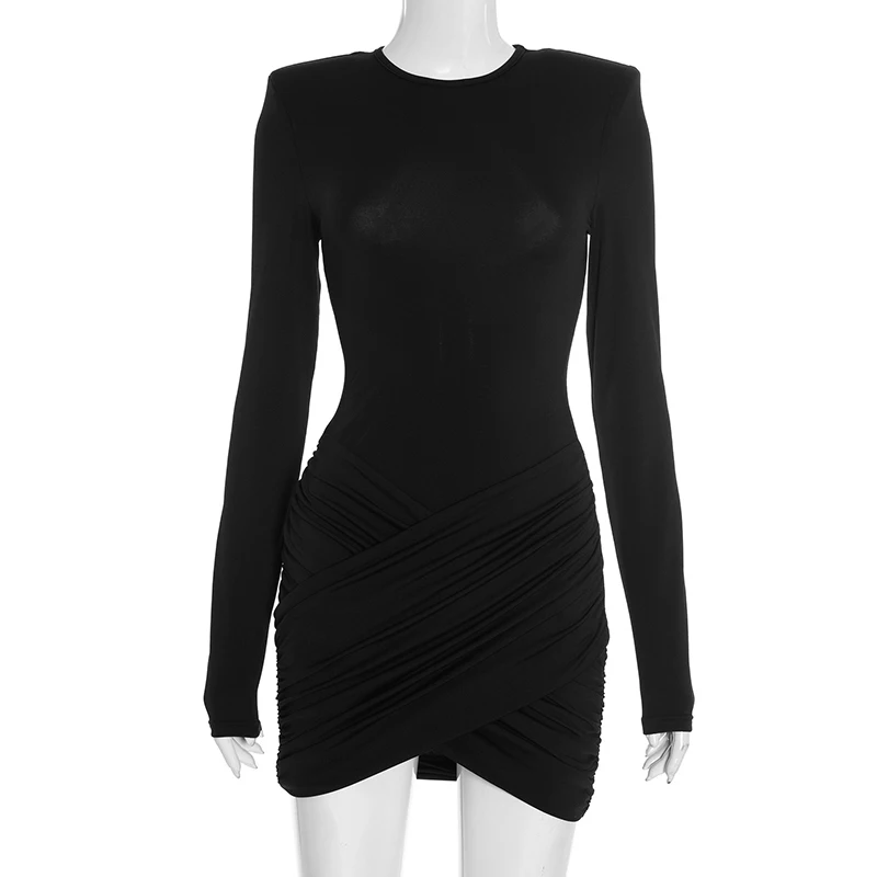 Blifanbo elegante sexy drapeado cruz bodycon mini vestido feminino ruched outono inverno manga longa o pescoço cintura alta clube vestido de festa