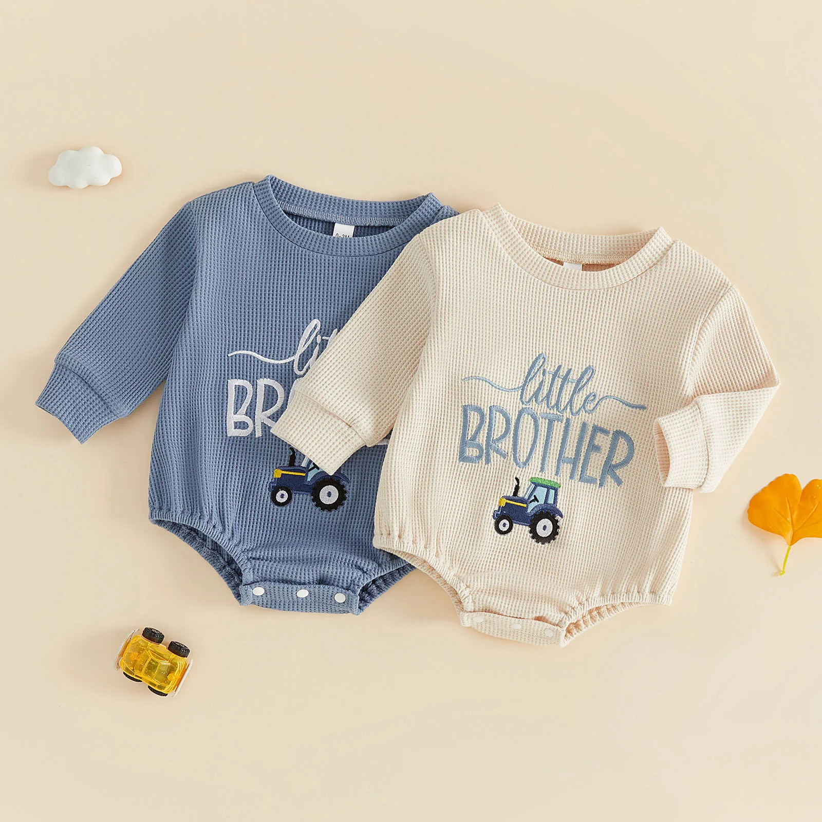 Baby Boy Fall Spring Waffle Brother Rompers Long Sleeve Crew Neck Embroidery Letters Bodysuit Clothes
