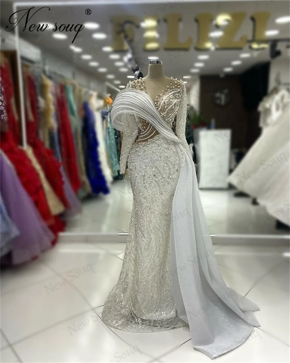 

Elegant Ivoty Mermaid Evening Dresses Custom Made Off Shoulder Beading Pearls Cocktail Dress Luxury Dubai Engagement Party Dress