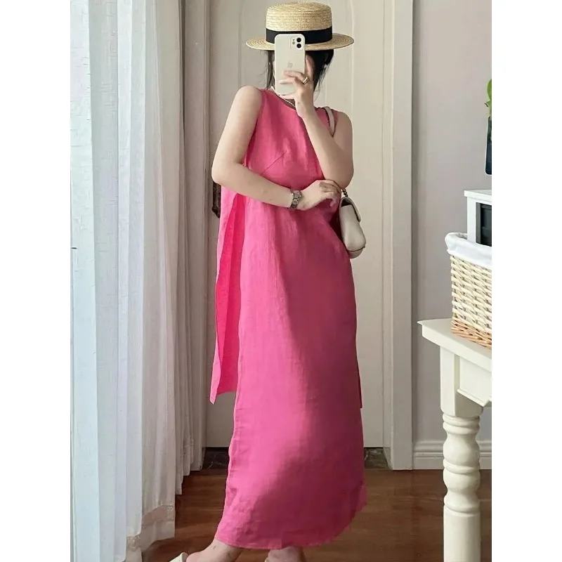 Women's Sleeveless Linen Maxi Dress Open Back Tie Summer Casual Loose A-Line Dress