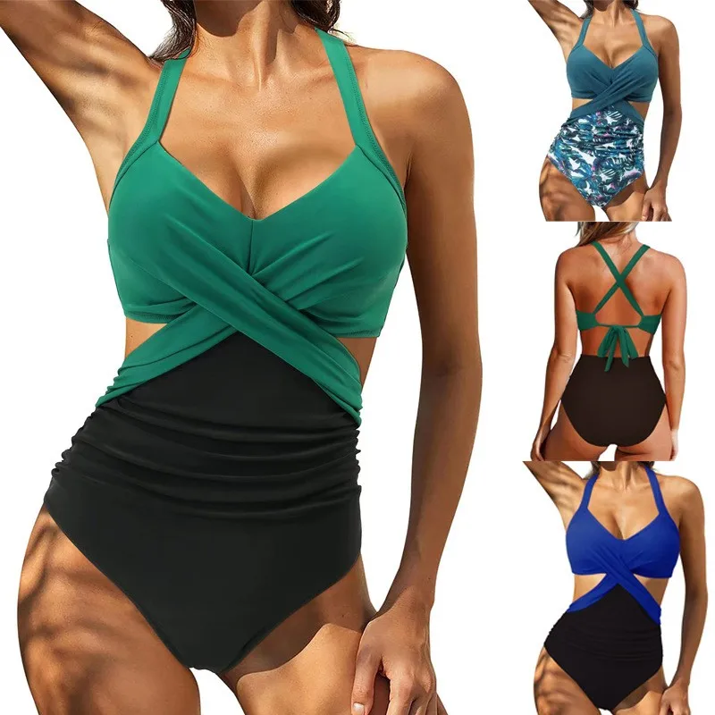 Woman Swimsuit Tankini Long Sleeve Bathing Suit Cross Front Ruched Waist Swimwear Crisscross Back Halter Neck Solid Color