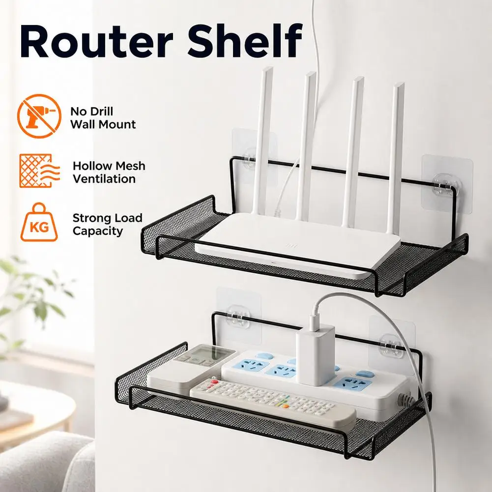 Stainless Steel Wall-Mounted Router Shelf No Drill WiFi Storage Organizer Home Bathroom Kitchen Shelf
