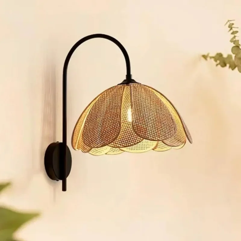 for Japanese Style LED Wabi Sabi Rattan Petal Wicker Wall Lamp Exquisite Art Decor for Bedroom Living Room Simple Elegant