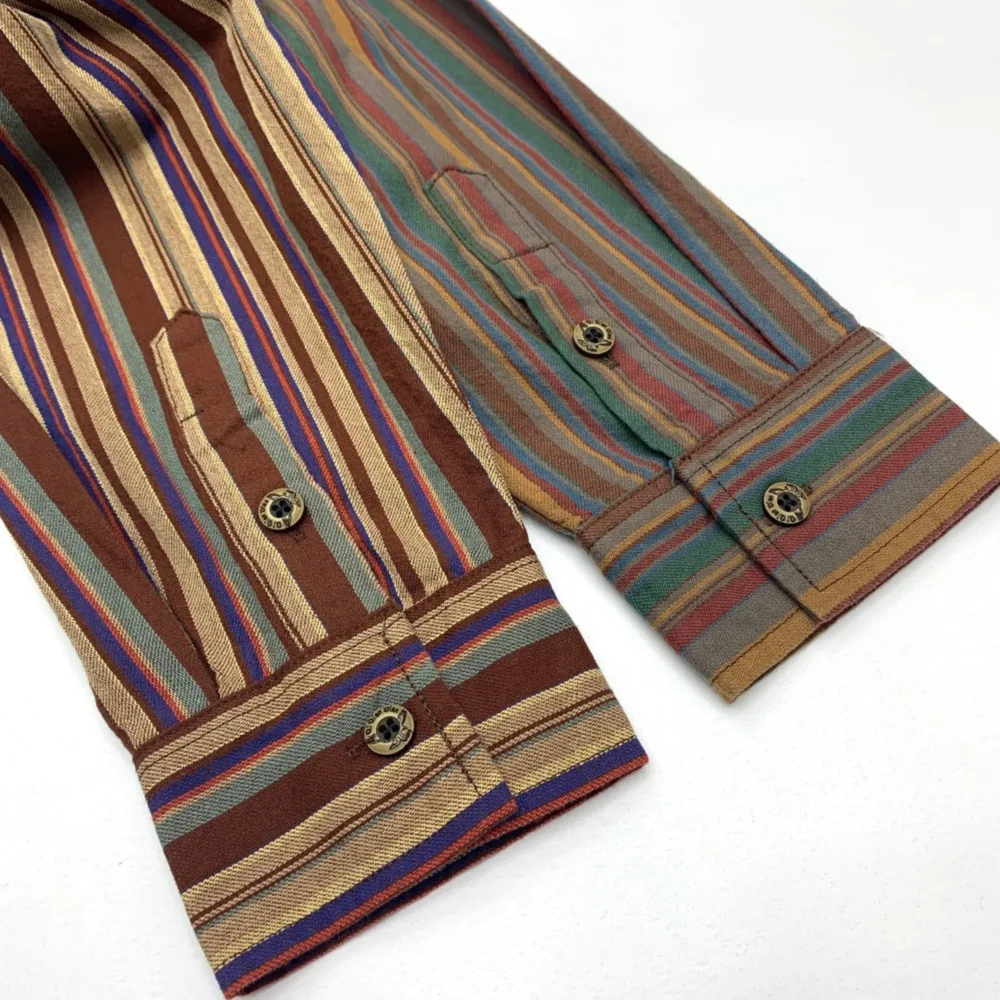 Mens Premium Twill Shirts Loose Fit Amikaki Ethnic Style Colorful Striped Shirt Long Sleeve Workshirt Cotton Workwear Jacket
