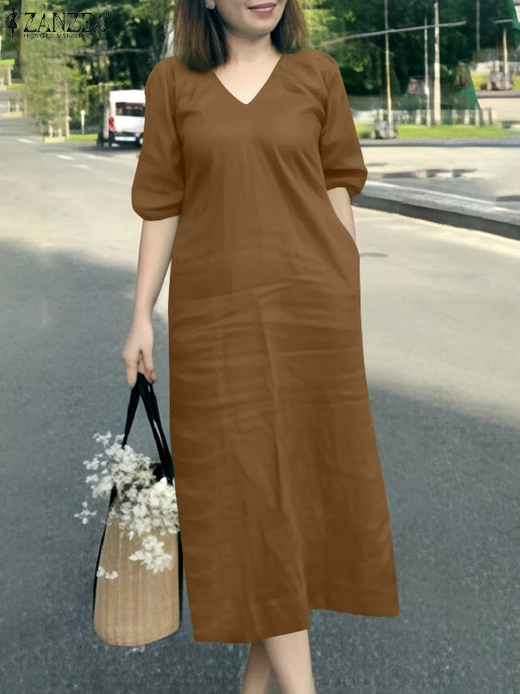 

ZANZEA Casual Daily A-line Vestidos V Neck Vintage 2025 Summer Vacation Sundress Solid Color Half Sleeve Women's Midi Dress