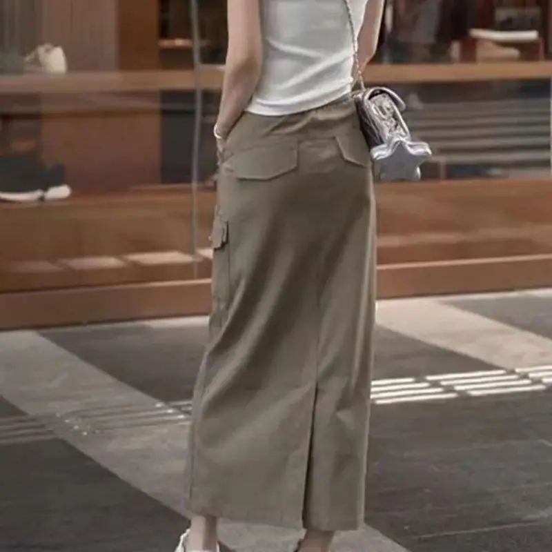 New Casual Khaki Cargo Skirt Women Fashion Summer High Waist Pocket A-Line Casual Midi Skirts Y2K Solid Color Jupe