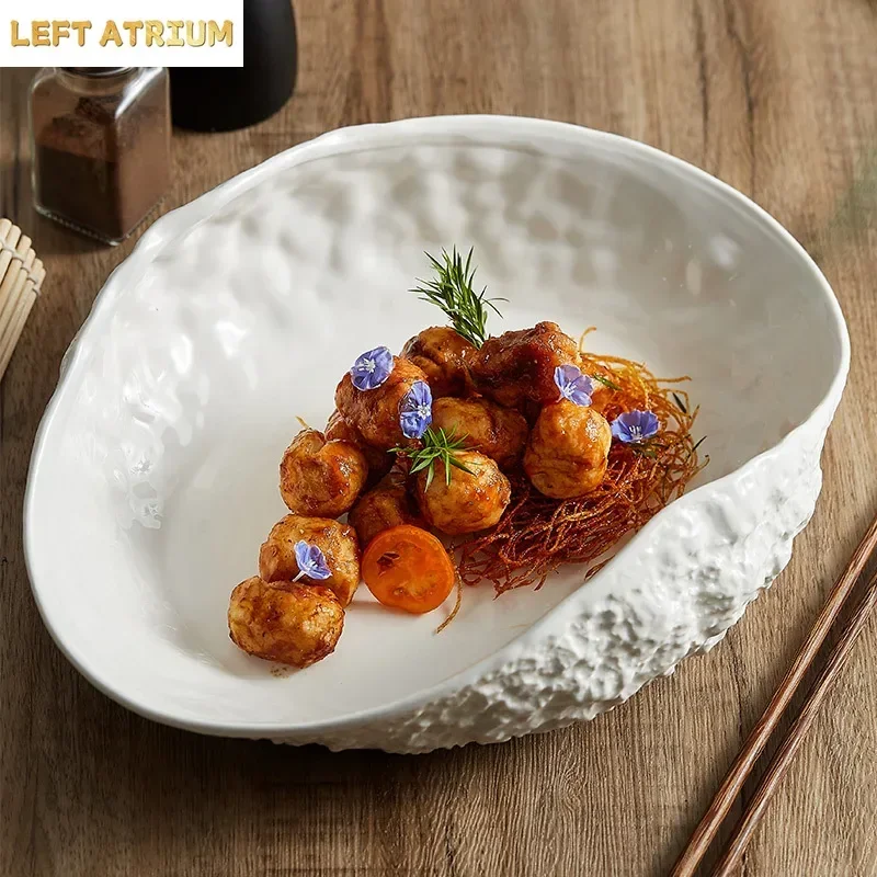 Rock Pattern Shell High-end Plate Household Ceramic Light Luxury Steamed Fish Soup Plate Hotel Tableware