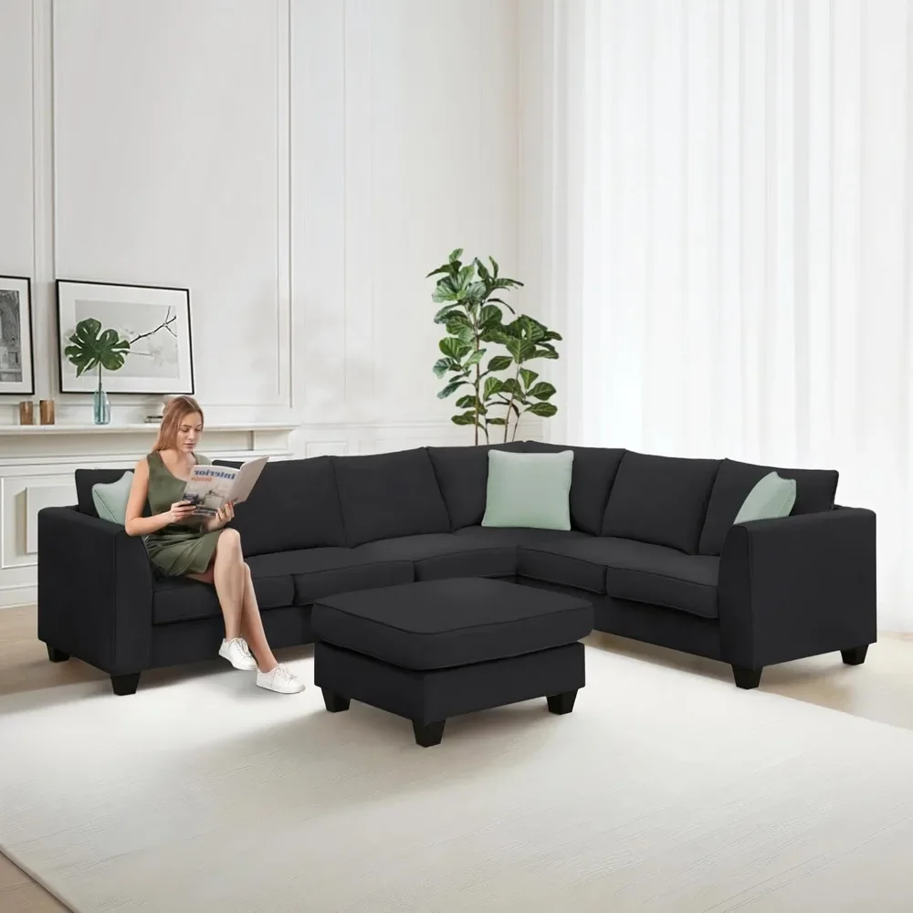 L Shape Sectional Couches for Living Room, 7 Seat Fabric Corner Couch with Movable Ottoman, Modern U Shaped Sectional Sofa