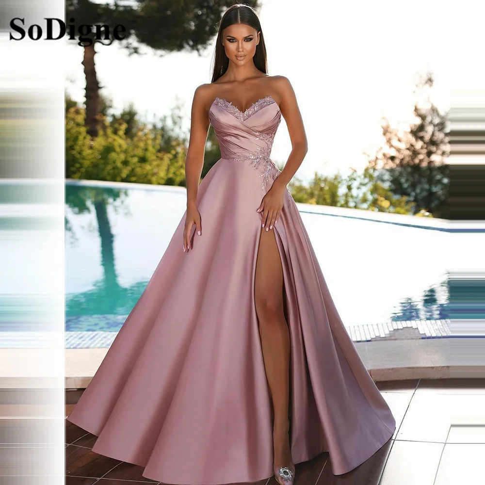 

SoDigne A Line Satin Long Prom Dresses Sweethearts Lace Applique Beads Slit Pink Arabic Pleat Evening Gowns Dubai Women