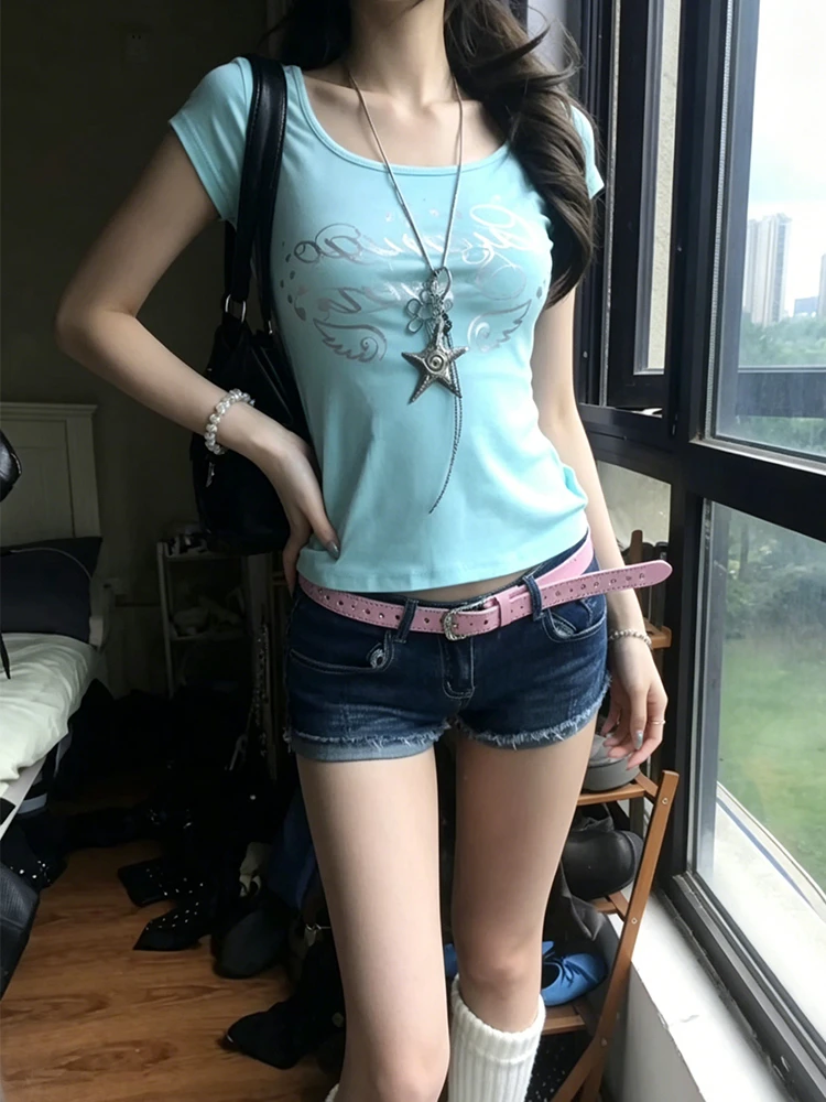 Genayooa Japanisches Y2k-Print-T-Shirt für Damen, kurzärmelig, schmale Crop-Tops, amerikanische Retro-Grafik-Tops, Streetwear, 2000er-Jahre-Fairycore-T-Shirt – Detail 12