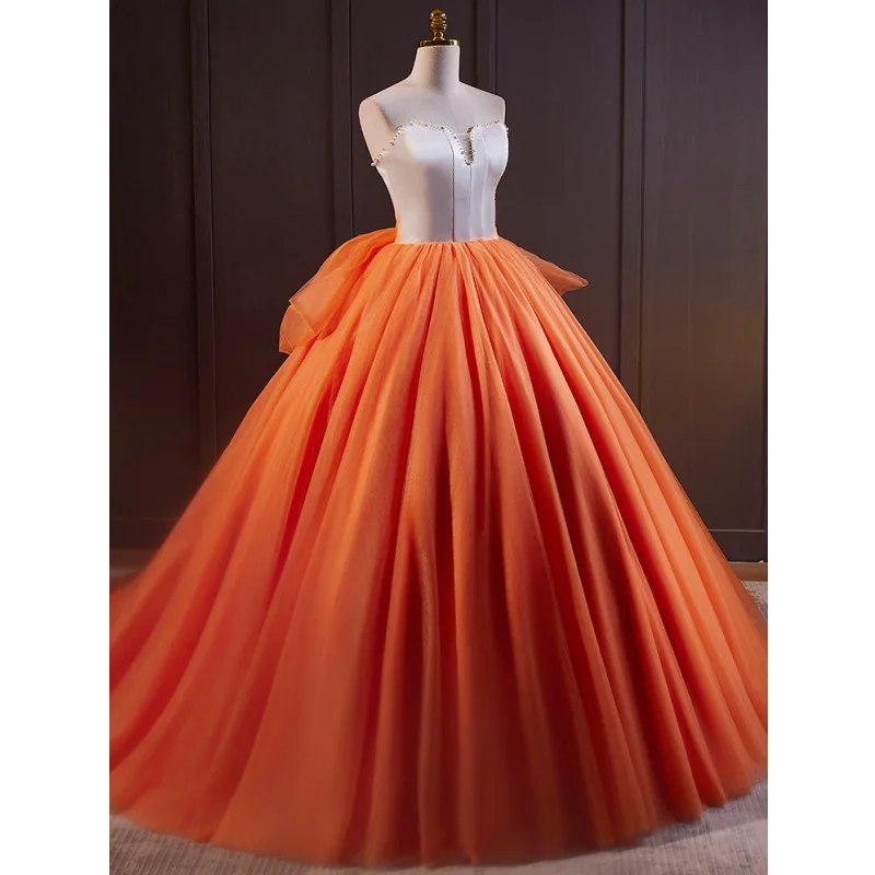 Orange Women Wedding Dress Tulle Puffy With Bow Strapless For Bridesmaid Evening Banquet Party Birthday Ceremonial Gowns