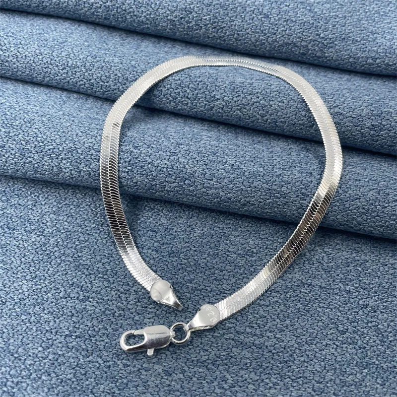 925 Sterling Silver 8-Inch Bracelet 4MM Blade Bracelet Flat Snake Bone Chain Women Men Fashion Wedding Engagement Jewelry Gift