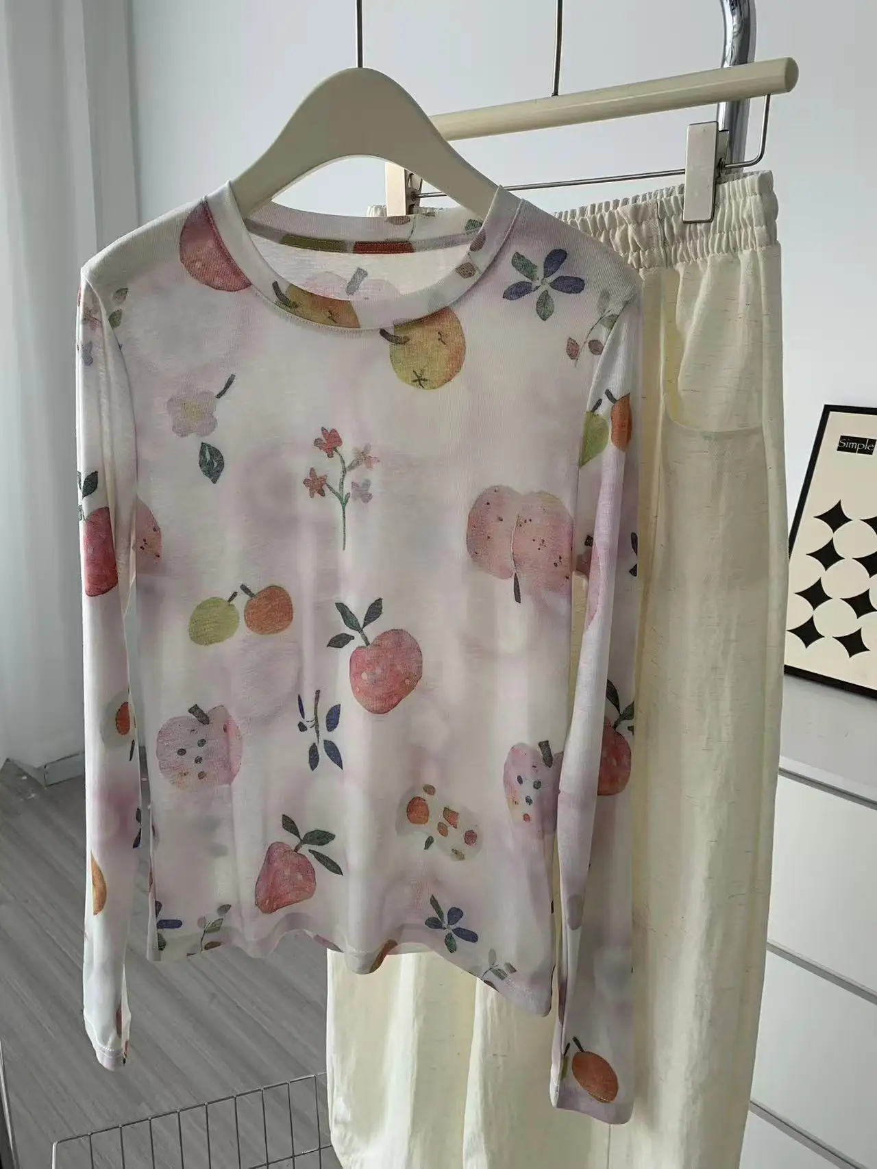 2026 Women Summer O-Neck Long Sleeve Furit Print Chic See Trough Thin Casual T Shirts Tops For Women's Tees Stretch