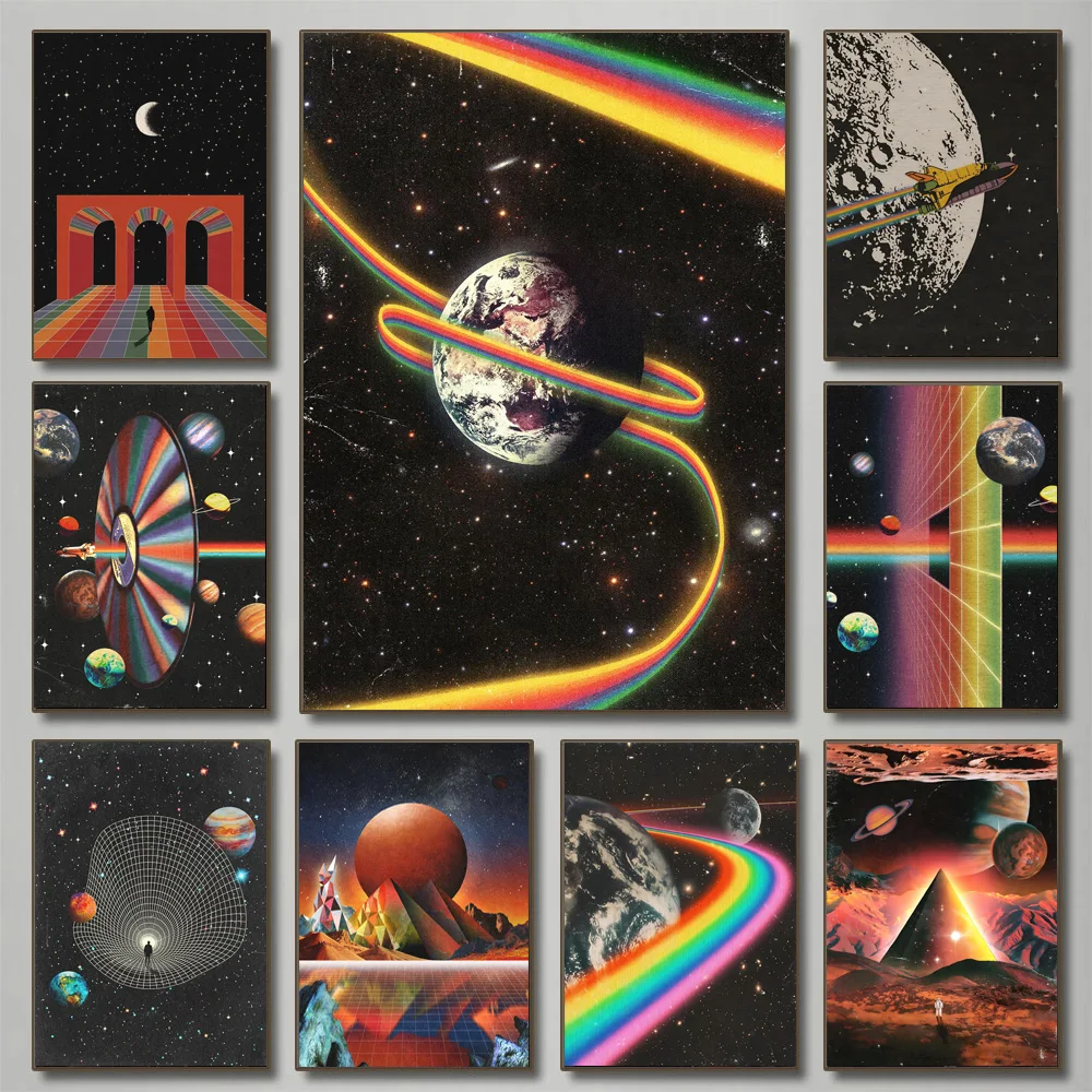 Retro Abstract Sci-fi Universe Planet Earth Rainbow Posters Canvas Painting Prints Art Picture Room Home Wall Decoration Gift
