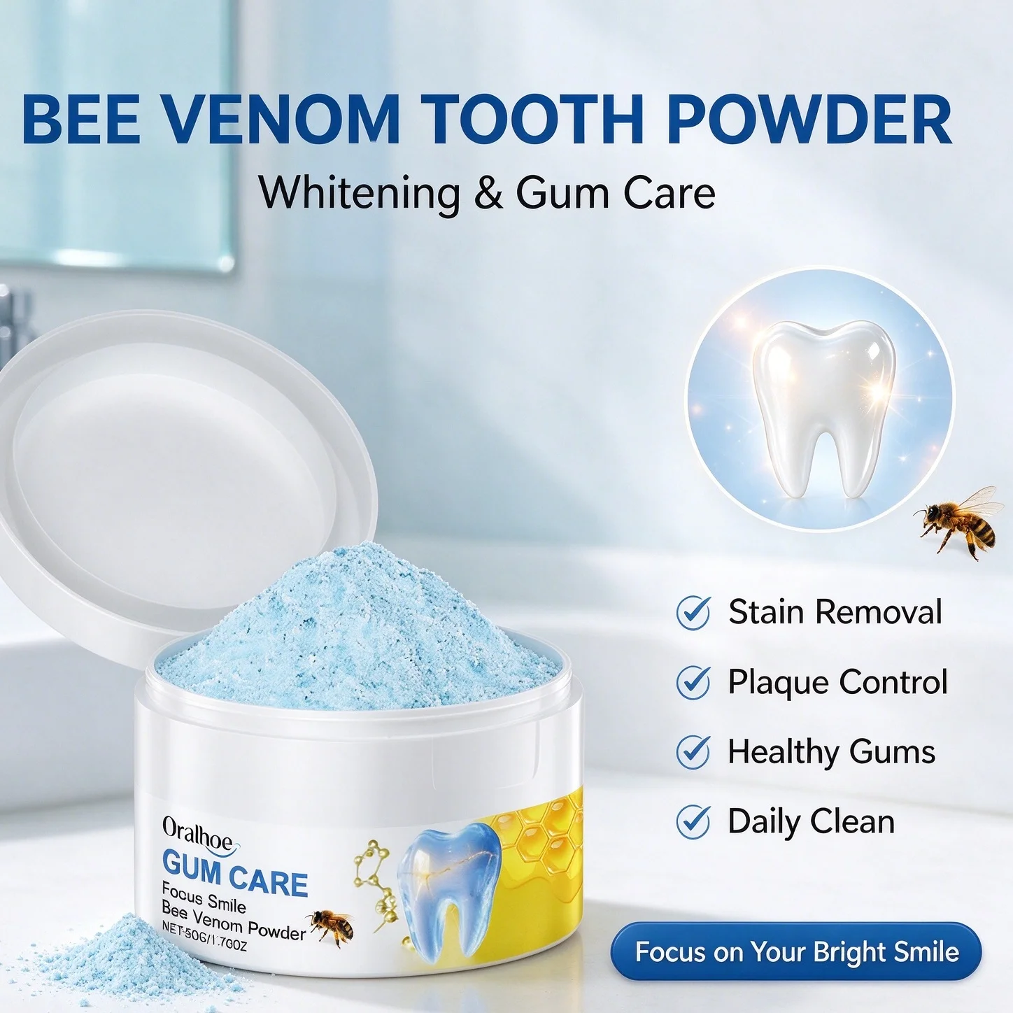 Bee Venom Teeth Whitening Powder Remove Yellow Stain Plaque Fresh Breath Gum Repair Oral Cleaning Tooth Powder Gift