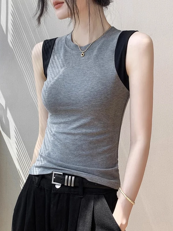 Faionable Color Blo round Ne Svel Vest Donna Estate Nuovo Sle Capispalla Partita interna Base dimagrante irt Top