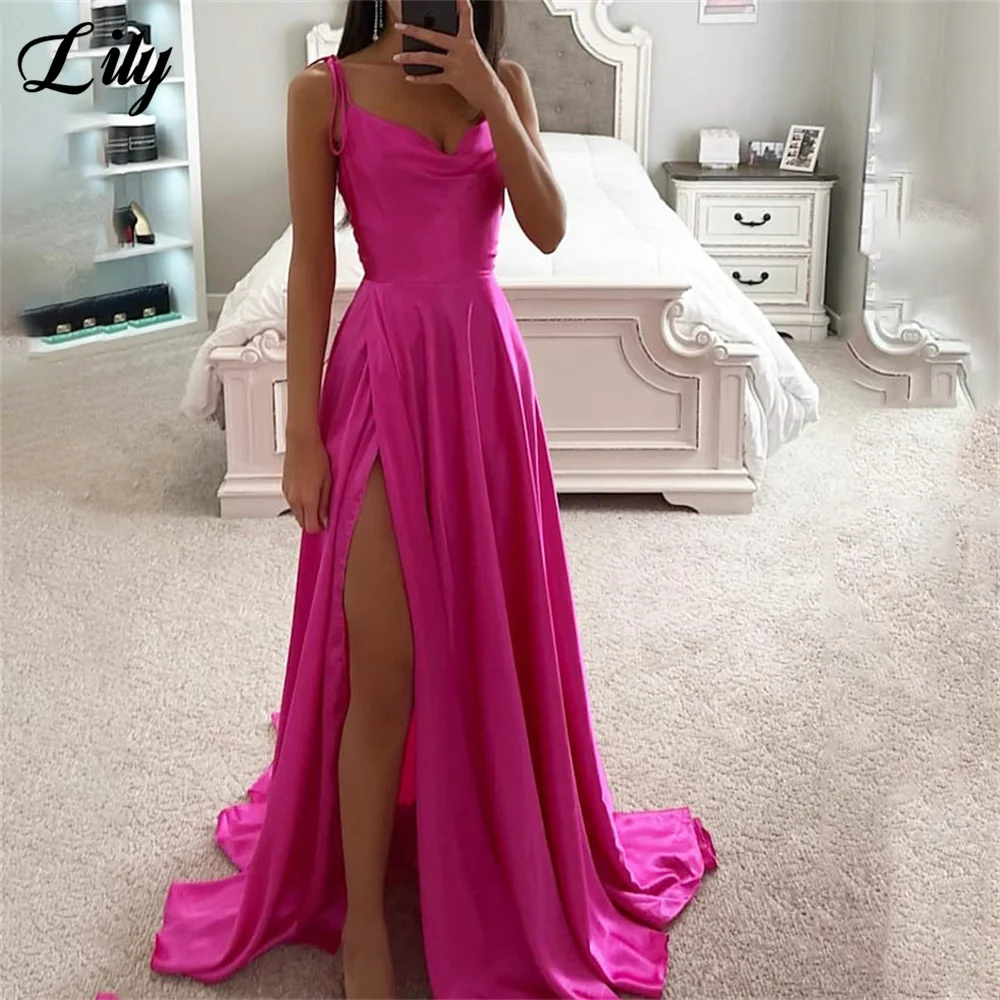 

Lily Fuchsia Beach Chic Woman Evening Dress Gown Spaghetti Strap Ball Gown Side Split Stain Night Dresses Gown robes de soirée