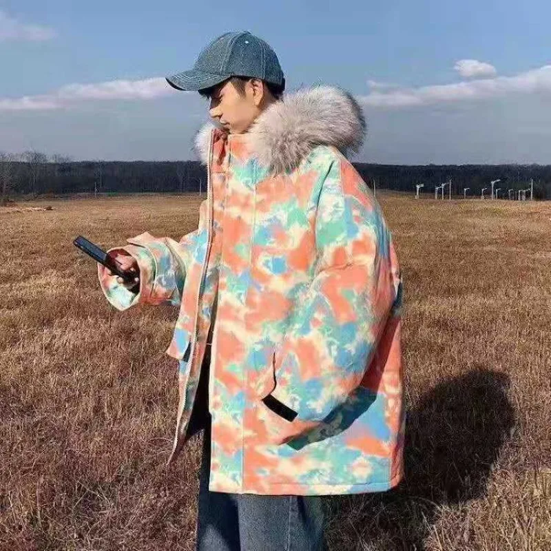 Winter Camouflage  Men's Thickened Trendy Fried Street Medium and Long Large Fur Collar Cotton Clothes New Couple Cotton Clothes