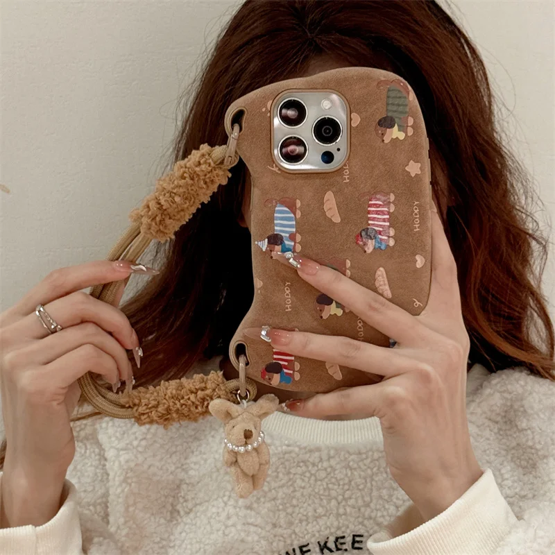 

Fashion Cute Cartoon Puppy Hand Bag Phone Case For iPhone 17 Pro 16 15 14 Pro Max Cover with Hand Strap Shockproof Cases For Gir