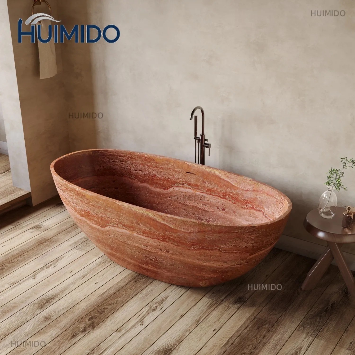 Any Size Custom Red Travertine Bathtub Thin Rim Oval Soaking Tub Heat Retaining Durable Easy Clean Freestanding Hotel Villa Bath
