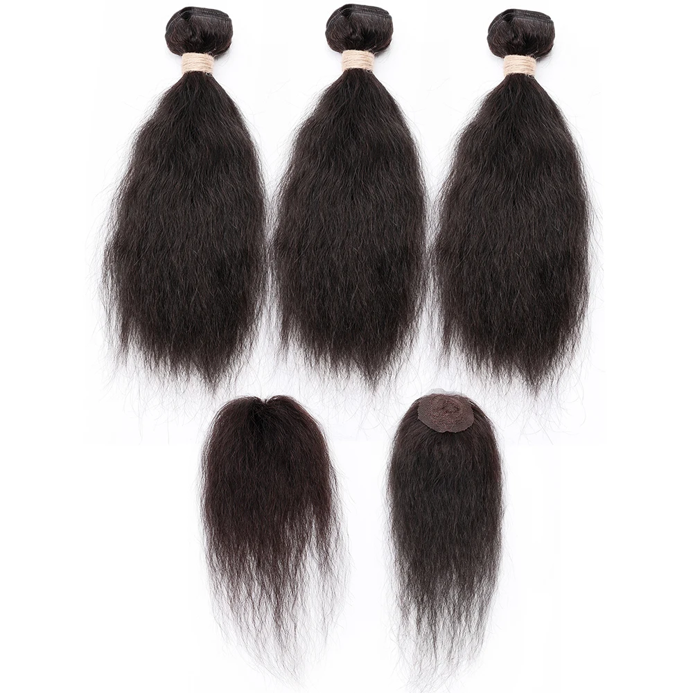 Short Kinky Straight Human Hair Bundles With Centre Closure Brazilian Afor Yaki Straight Bundles with Closure
