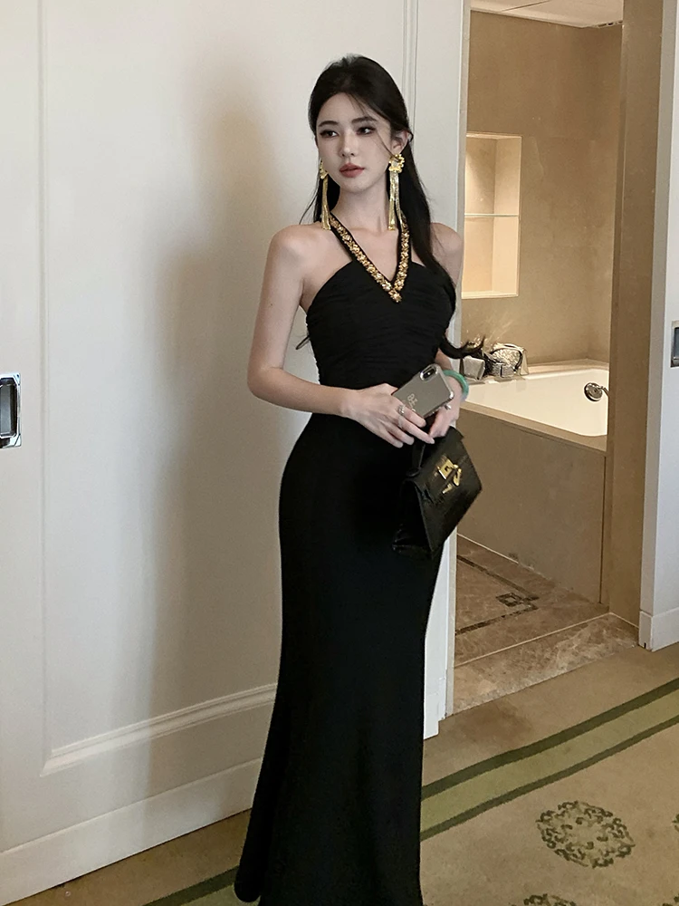 

Ele Little Bla Dr Long Evening Gown for Birthday Par Date Hepburn Sle Slim Fit Polyester Fiber Wedding Ceremony