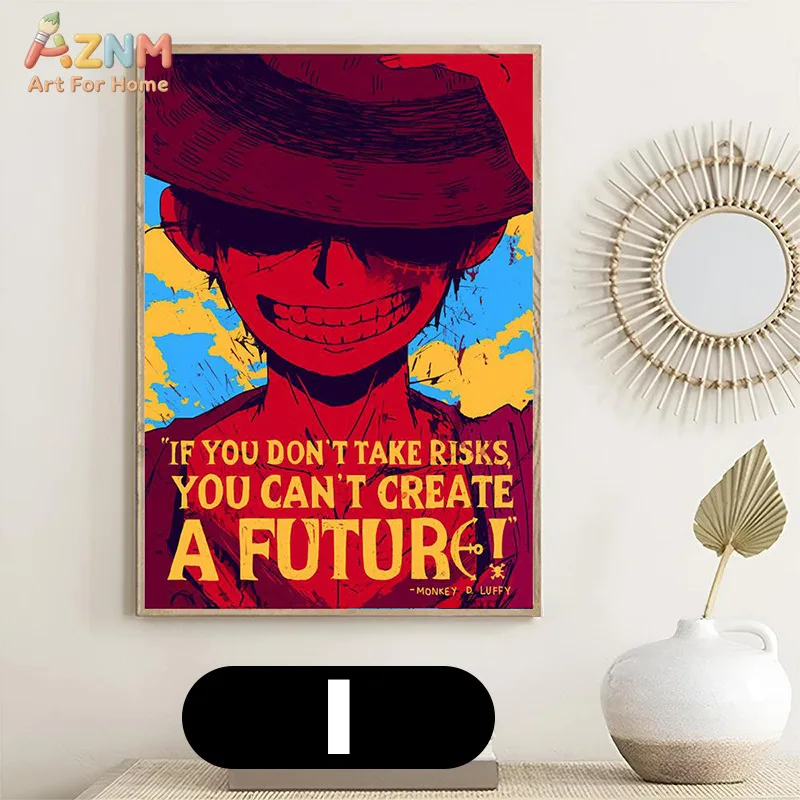 AZNM One Piece Luffy Zoro Chopper Sanji Inspirational Quote Pop Art Anime Frameless Canvas Wall Art, Manga Home Living Room Deco