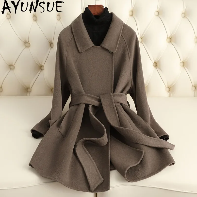 AYUNSUE 100% Real Wool Jacket Women Luxury Midi Coat for Womens High Quality Outerwears Autumn Winter 2024 Women Clothing пальто