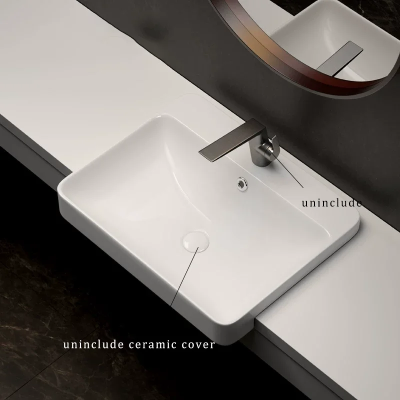 Elegant Ceramic Vessel Sink, Rectangular in Appearance, with an Embedded Design - an Ideal Choice for Modern Bathroom Fixtures, Suitable for Changing Rooms, Vanity Tables, and Bathrooms