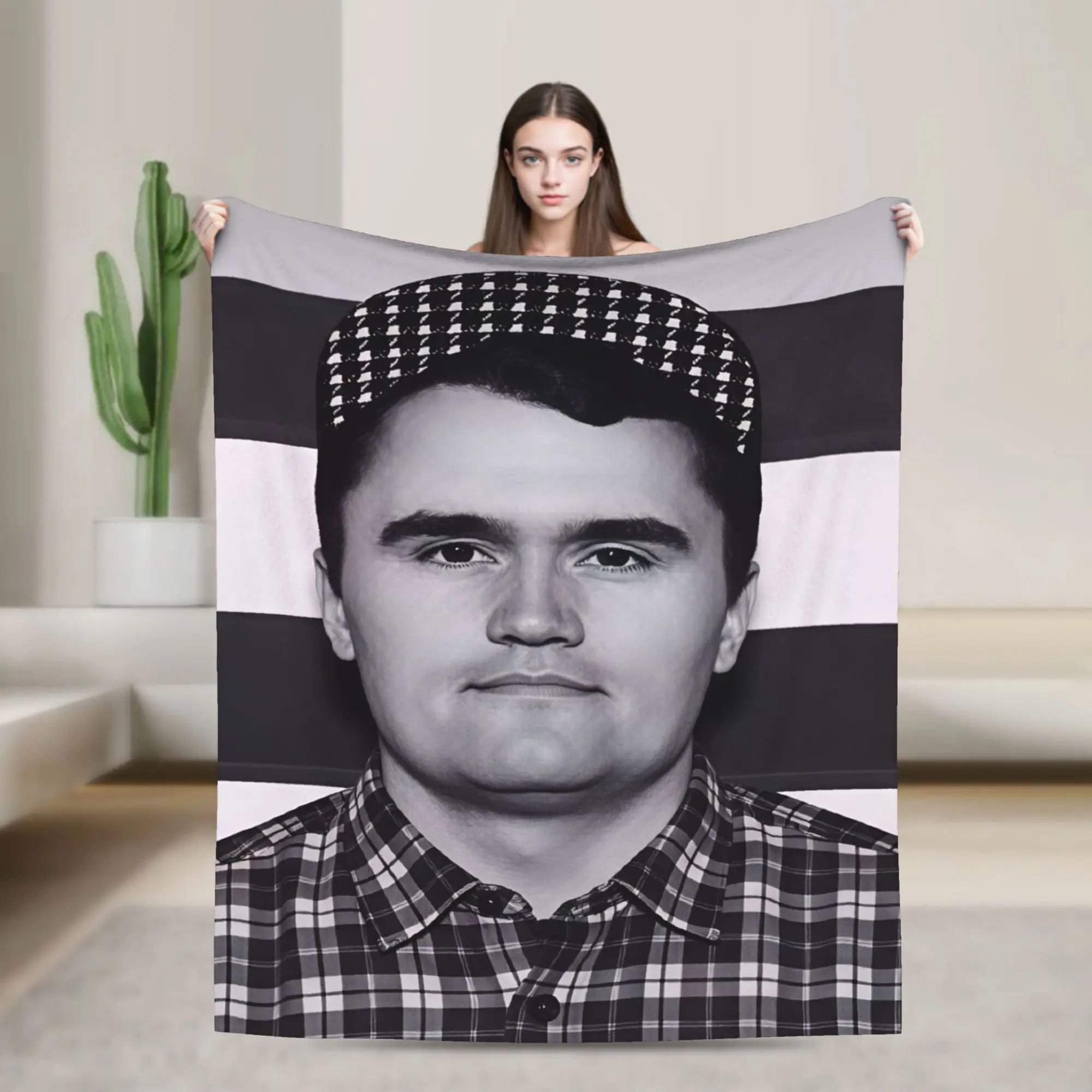 Warm Comfy Throw Blanket Travel Car Charlie Kirk Retro Check Cap Blanket  Flannel Bedspread For Bedroom Novelty Sofa Bed Cover