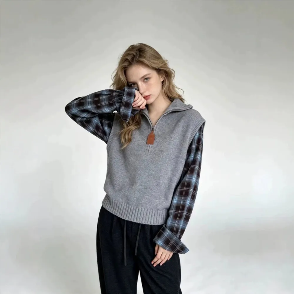 MsChuh Casual Pulls Femmes All-match Loose Simple Style Sweater Women's Jumper Lattice Patchwork Long Sleeves Commuting Contrast