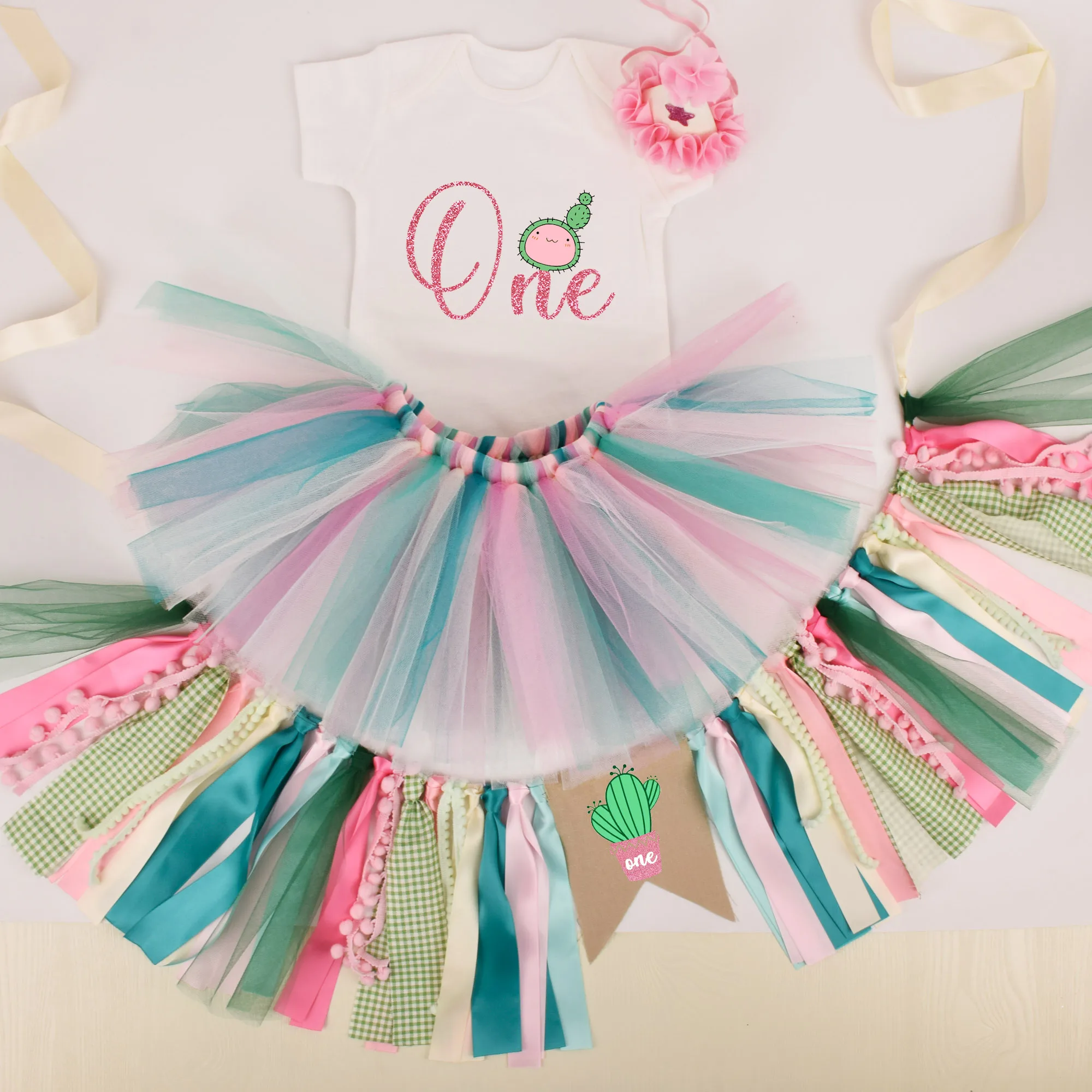 

1 Year Girl Cactus Birthday Dress Outfit Baby Girls 1st Birthday Party Tutu Set Baby Shower High Chair Banner Vestidos Infanti