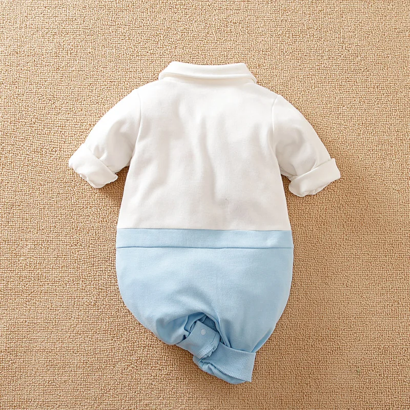 Newborn Boys Gentleman Bow Spliced Contrast False Backband Light Blue Comfortable Spring And Autumn Long Sleeved Jumpsuit