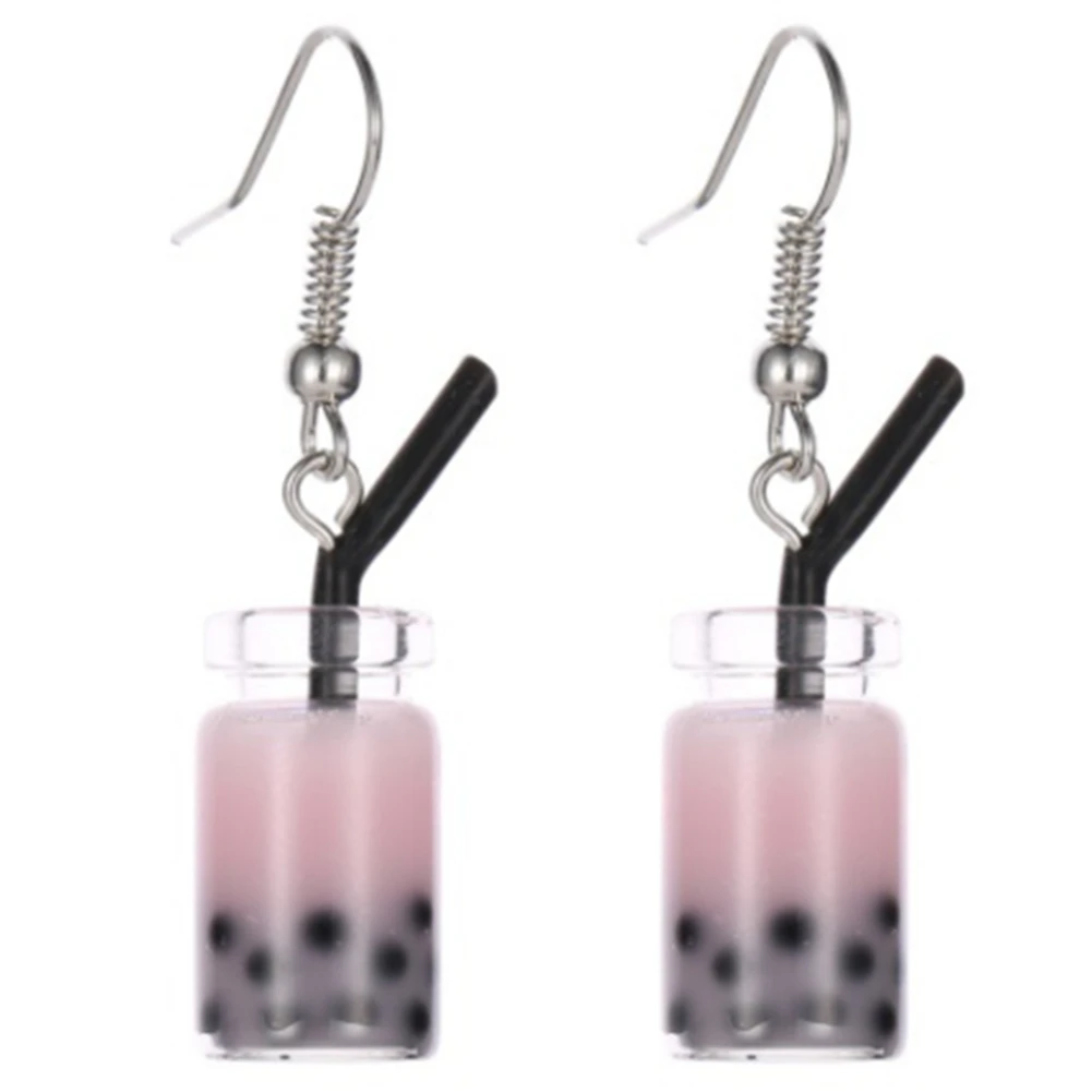 Funny Lemon Ice Black Tea Pearl Milk Tea Earrings Taiwan Boba Bubble Tea Funny Dangle Earrings for Women ,Pink