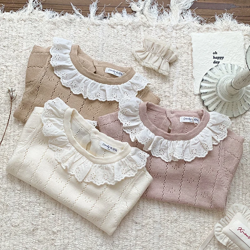 0-4Y Autumn New Baby Girls Clothes Baby Sweater Lace Toddler Knit Sweater Newborn Knitwear Long Sleeve Cotton Baby Pullover Tops