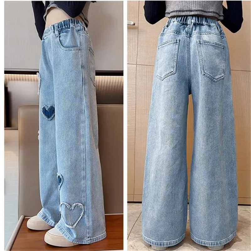 Jeans Girl Heart Pattern Girl Jeans Child Spring Autumn Children Jeans For Boys Casual Style Kids Clothing 6 8 10 12 14