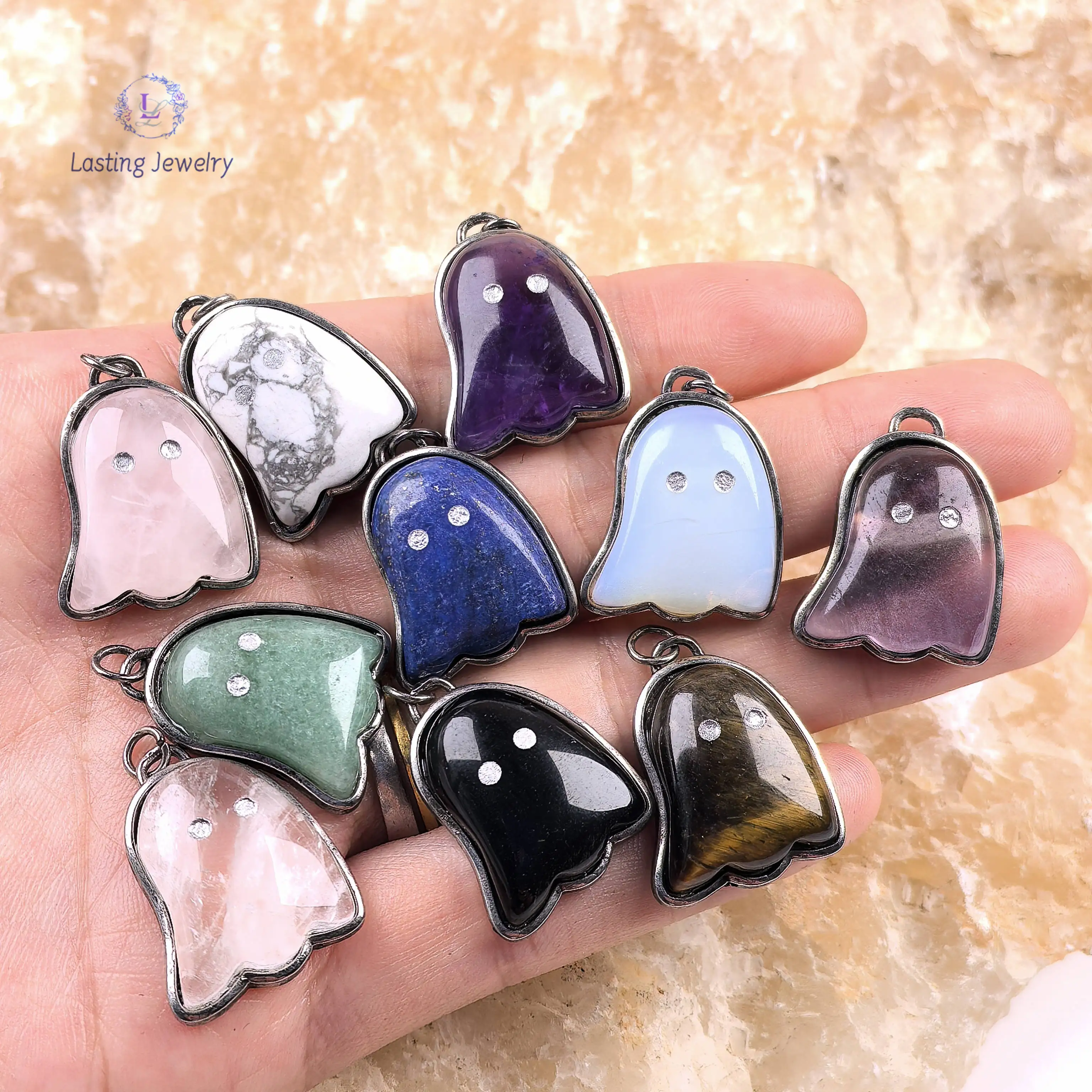 

Healing Crystal Ghost Pendants Natural Gemstone Charms Rose Quartz Lapis Amethyst Opal Pendulum Necklace Halloween Jewelryz