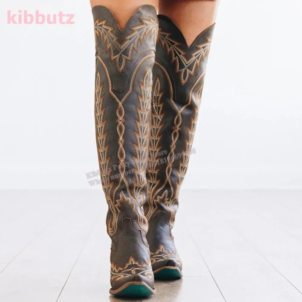 Rivet Cowboy Vintage Boots Over The Knee High Embroidery Lace-Up Luxury Leather Pointed Toe Chunky Heels Fashion Concise Shoes