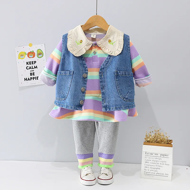 Spring Autumn Baby Girl Clothes Luxury Designer Cowboy Vest + Striped Dresses + Grey Leggings 3PCS Girls Infant Clothing Sets