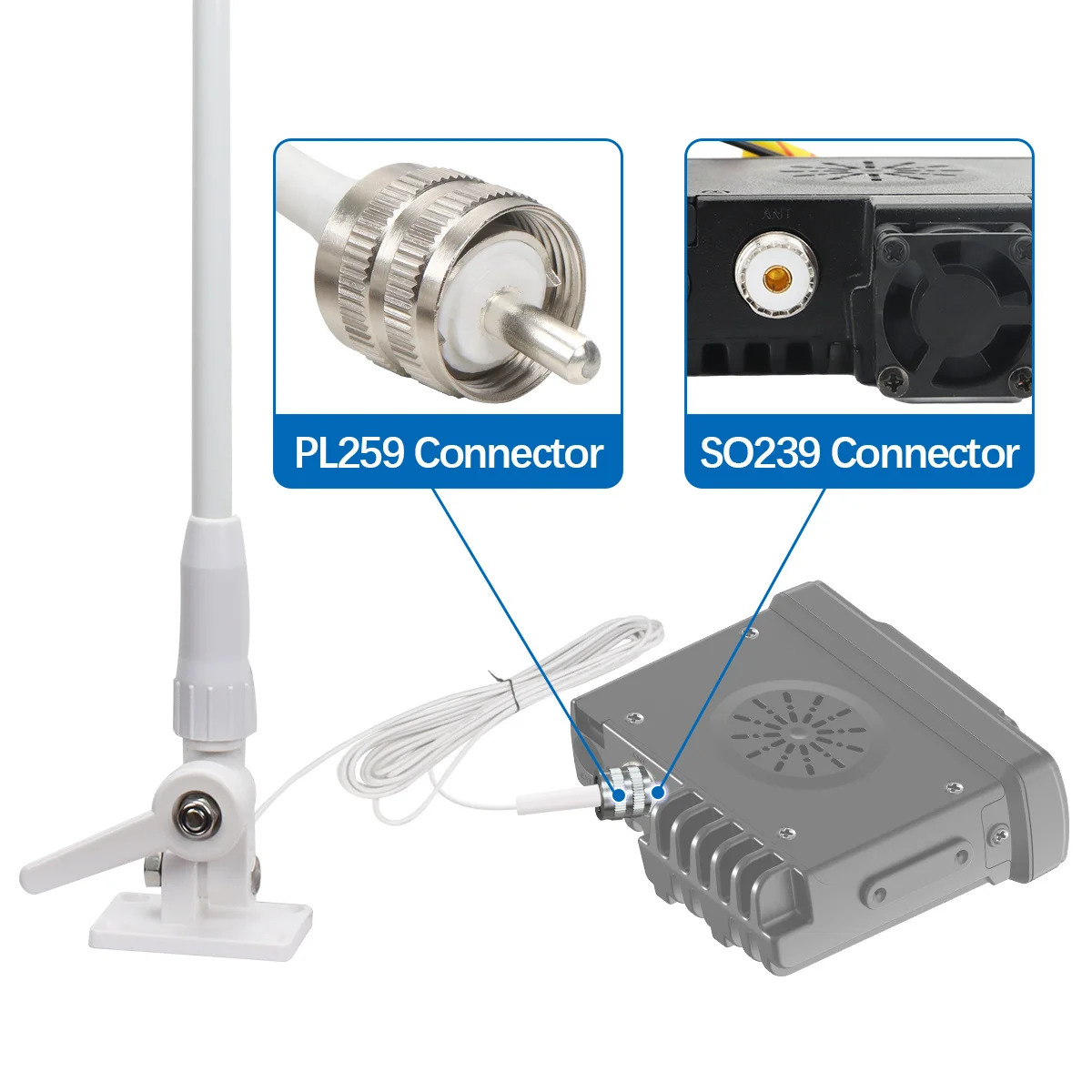 ABBREE VHF 해양 라디오 안테나 156-163MHz 유리섬유 고이득 PL259 커넥터 RG58 케이블 보트 요트용 방수