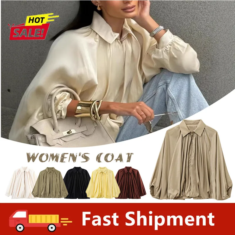 

Женская атласная легкая бейсбольная куртка, повседневная плиссированная куртка на молнии с длинными рукавами, повседневная куртка-бомбер, атласные куртки, пышная верхняя одежда