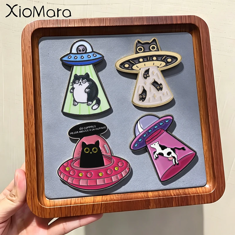 UFO Alien Abducting Cat Enamel Pin Funny Cartoon Animal Sci-Fi Brooch Lapel Badge Fashion Jewelry Accessories Gift for Friends