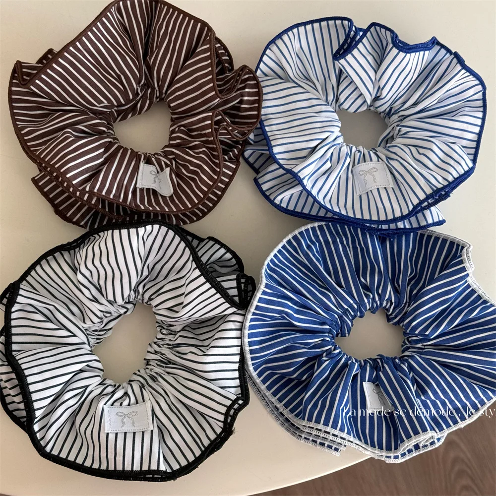 Hair Scrunchy Blue Striped Double Layer Fabric Soft Sweet Women Hair Tie Versatile Durable for Daily Home Office Travel