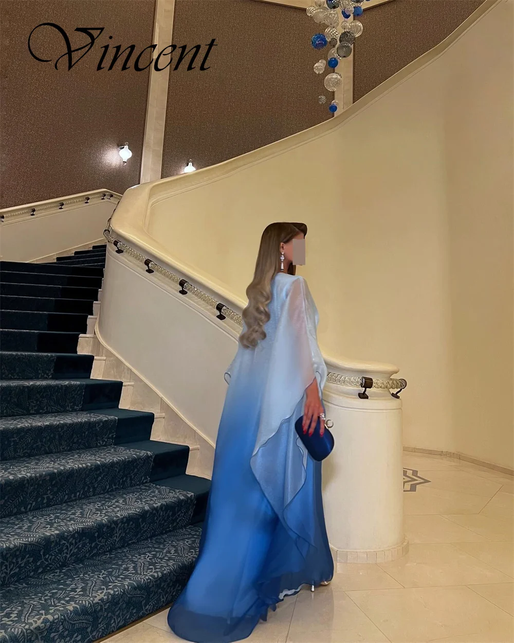 Personalizado requintado azul chiffon vestido de noite temperamento vestido de baile o pescoço mangas compridas ruched capela trem vestido de festa