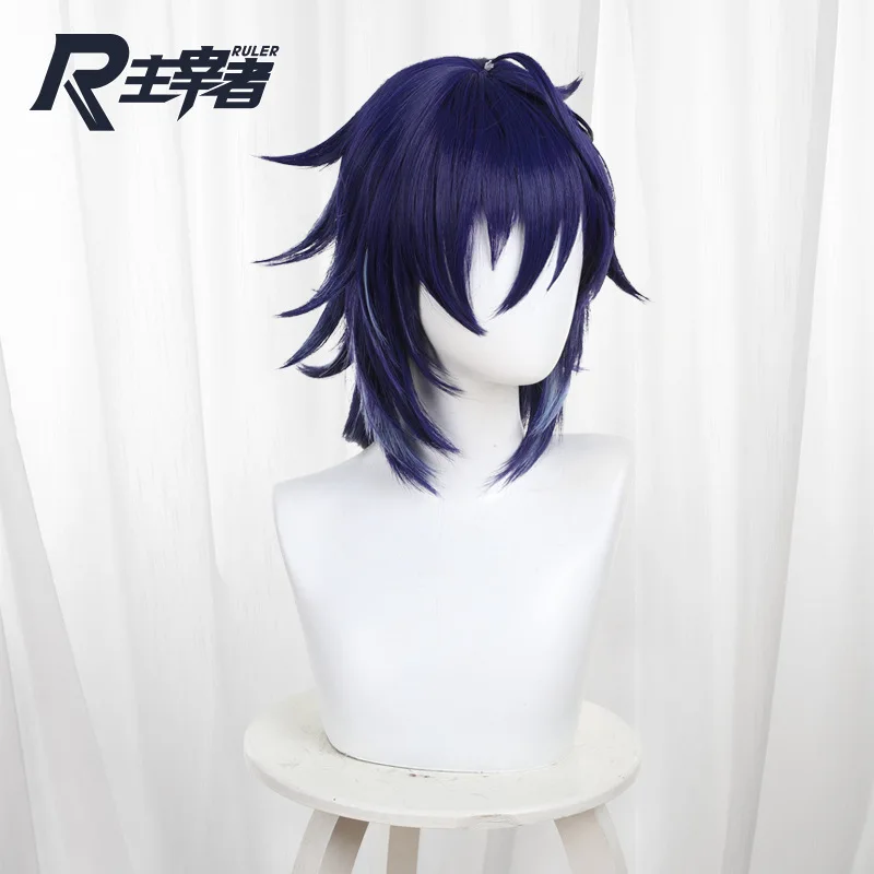 Peluca de Cosplay Genshin Impact orororon para hombres y mujeres, pelo corto azul oscuro, resistente al calor, sintético, Halloween