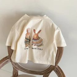 Kids Clothes 2022 Summer Children Short Sleeve Korean Rabbit Flower Print T-Shirt Baby Cute Half Sleeve Round Neck Top