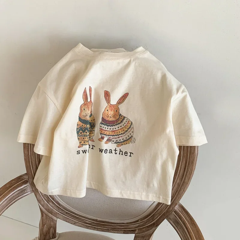 Kids Clothes 2022 Summer Children Short Sleeve Korean Rabbit Flower Print T-Shirt Baby Cute Half Sleeve Round Neck Top